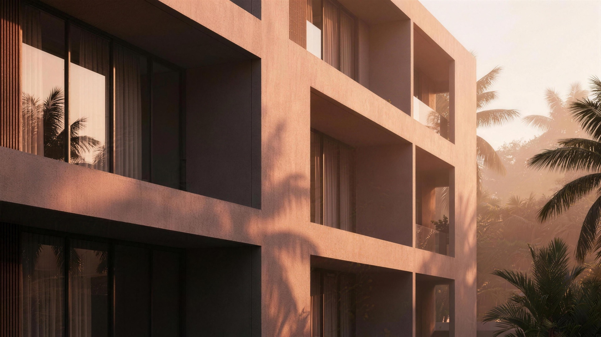 Golden-hour light across the facade of a modern Makro residential development