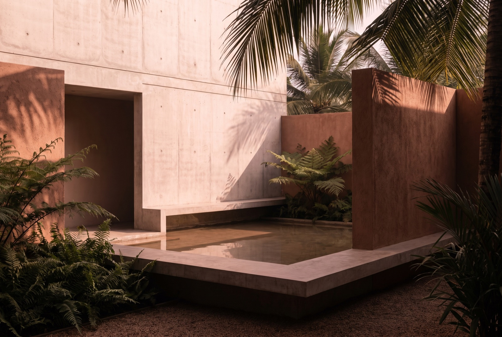 A calm terracotta courtyard of a Makro residence in soft morning light